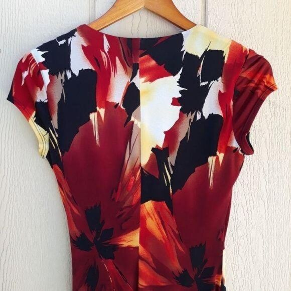 Vtg Cache Fiery Tropical Floral Mock Wrap Dress Stretch Bodycon Cap Sleeve Sz M - Picture 7 of 9